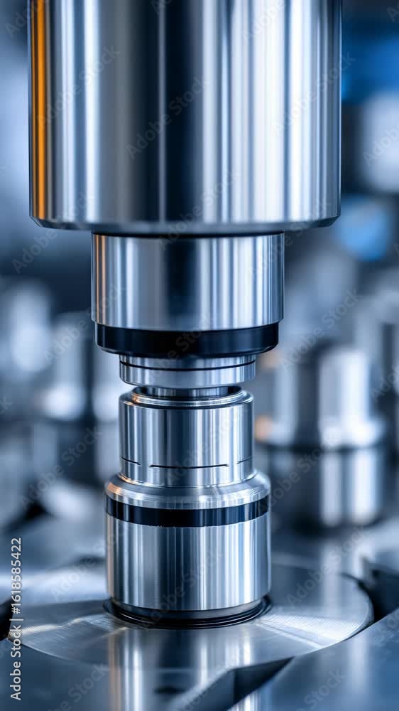 Poster metal industrial machine part with shiny surface close up reflecting precise engineering details and