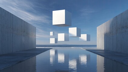 Abstract concrete pathway leading to a tranquil ocean, with floating white cubes