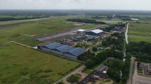 Theather at former millitary airfield base, Valkenburg between Wassenaar, Katwijk and Leiden. The Netherlands. Aerial video.