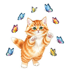 Playful Ginger Kitten Surrounded by Colorful Butterflies, Watercolor Illustration