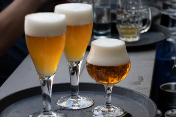 Belgian beer in glass in old brewery in Bruges, strong triple, tasty beverage, lunch with beer, tourist destination, Flanders, Belgium