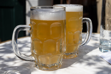 Belgian beer in glasses in old brewery in Bruges, light or dark, tasty beverage, lunch with beer, tourist destination, Flanders, Belgium
