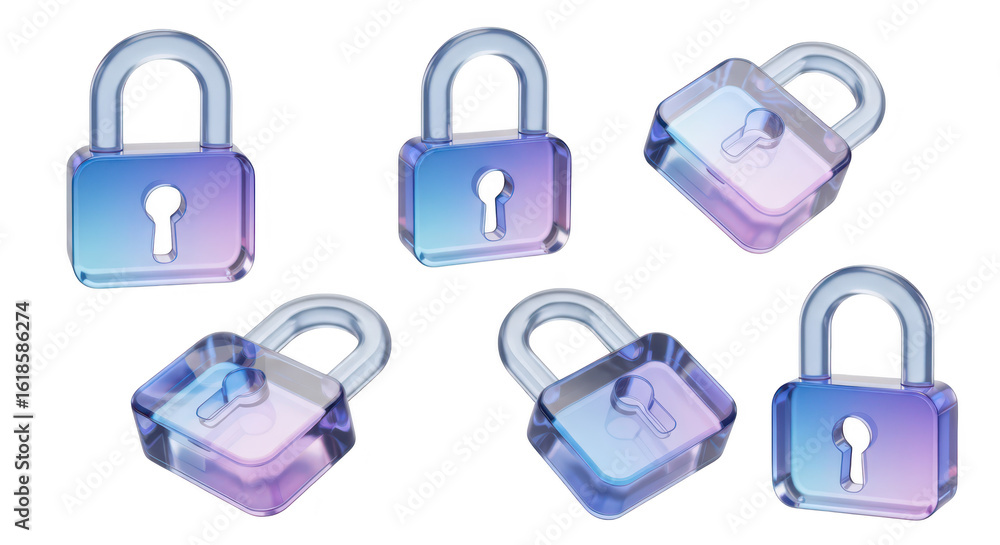Poster rendered colorful glass padlocks float against white backdrop representing security privacy data pro