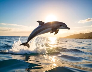 Fototapeta premium Dolphin leaping, sunset over ocean