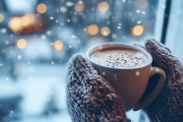 Cozy Winter Scene of Hands Holding Mug by Window with Snowflakes