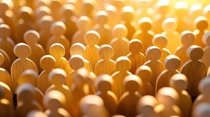 A group of wooden figures in a golden light, possibly representing a crowd or a gathering.