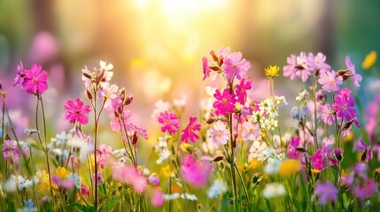 Obraz premium Colorful wildflowers in a meadow at sunrise