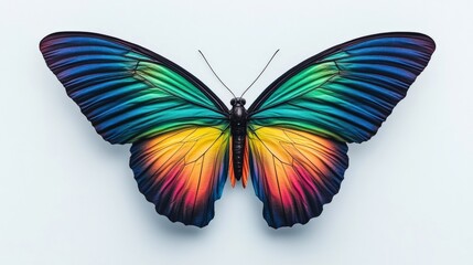 Fototapeta premium Vibrant Butterfly with Magnificent Blue, Green, and Orange Wings Displayed Symmetrically on a Light Background for Artistic and Nature Imagery