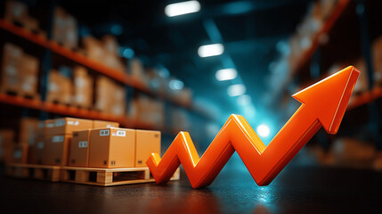 Growth in Warehouse: A large, modern warehouse, stacked with boxes, is highlighted by an orange growth arrow symbolizing the growth and progress of logistics. 