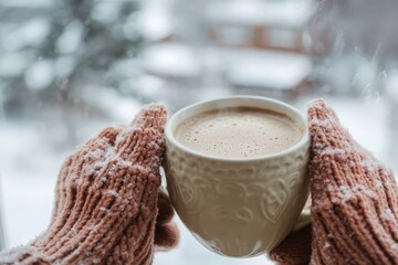Cozy Winter Scene with Warm Hands Holding a Hot Beverage