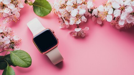 A pink apple watch with a white strap and a pink background with white flowers and green leaves.