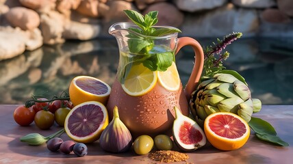 A refreshing fruit drink with lemon and mint by the pool