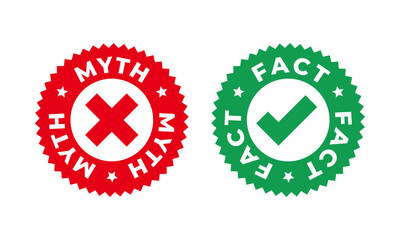 The myth or fact icon is a circle with a check mark and a cross. For logo, label, seal, tag, sign, symbol, badge, stamp, sticker, emblem, badges, labels, poster. Isolated on white. Vector Illustration