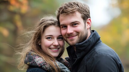 Fototapeta premium A young couple embracing in a forest setting, with autumn leaves in the background.