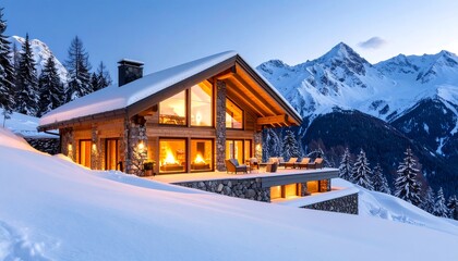 Snowy chalet nestled in mountains