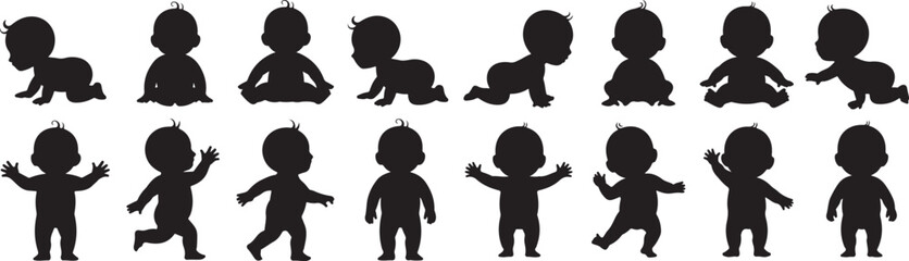Crawling babies silhouettes vector illustration set. Set of Children Playing and Crawling in Black Silhouette Style on White Background