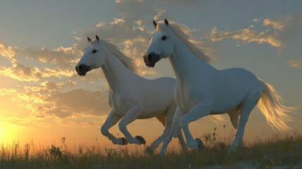 Obraz premium Two white horses running at sunset