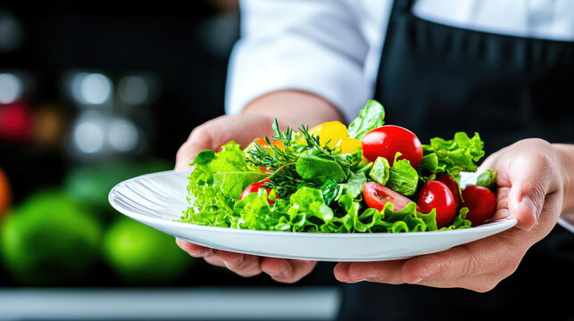 Fresh salad delivery by waiter in restaurant setting for healthy dining experience - Powered by Adobe
