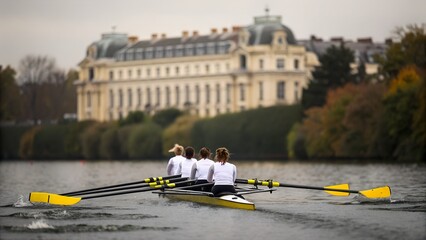 A rowing team propels their sculling boat across placid water, showcasing coordinated effort and strength near a grand old building.