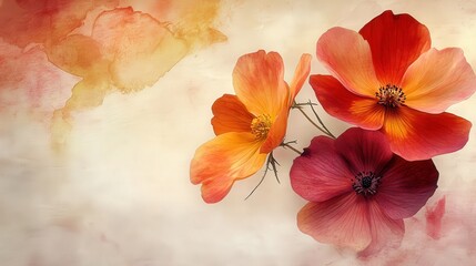 Vibrant Floral Arrangement with Red and Orange Blooms Set Against a Soft Watercolor Background for Artistic and Nature-Inspired Projects