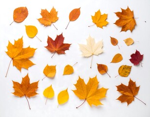 Colorful autumn leaves arranged on a white background