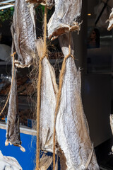 Dtied on air or salted stock fish on sea promenade in Oostende, Belgium