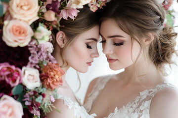 Generative AI image of lesbian wedding showing same sex love between two brides under floral arch outdoors