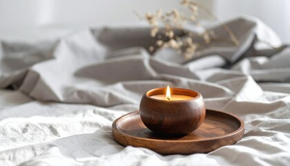 Minimalist photo: clay object (vase, plate, or candle holder) on a soft gray fabric background. Centered composition, diffused soft light.