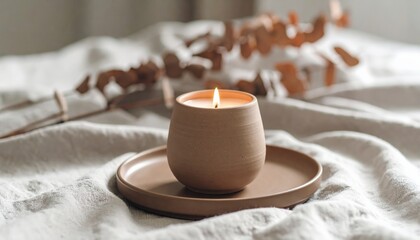 Minimalist photo: clay object (vase, plate, or candle holder) on a soft gray fabric background. Centered composition, diffused soft light.