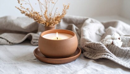 Minimalist photo: clay object (vase, plate, or candle holder) on a soft gray fabric background. Centered composition, diffused soft light.