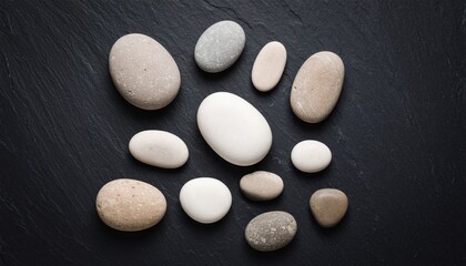 Still life: a few smooth pebbles of various shapes laid on a dark slate background. Clear graphic lines, contrast, depth.