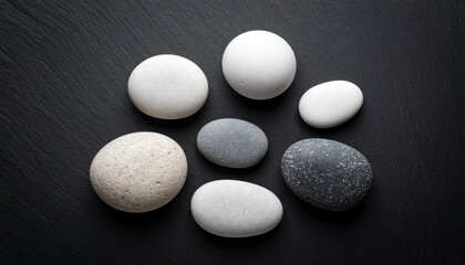 Still life: a few smooth pebbles of various shapes laid on a dark slate background. Clear graphic lines, contrast, depth.