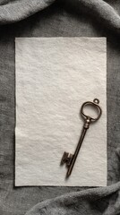 Vintage Key on Blank Paper Surrounded by Soft Gray Fabric for Creative Background and Conceptual Use