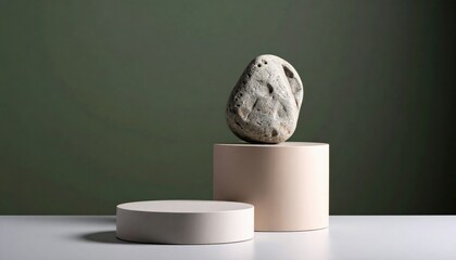 Single object (stone, sculptural form, ceramic) placed on a cylindrical pedestal in ivory or blush color. Background — deep matte tone (graphite, khaki).
