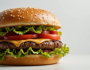hamburger, burger, food, cheeseburger, cheese, beef, sandwich, bun, bread, isolated, meat, lettuce, tomato, fast, white, meal, fat, lunch, onion, sesame, snack, fast food, delicious, unhealthy, dinner