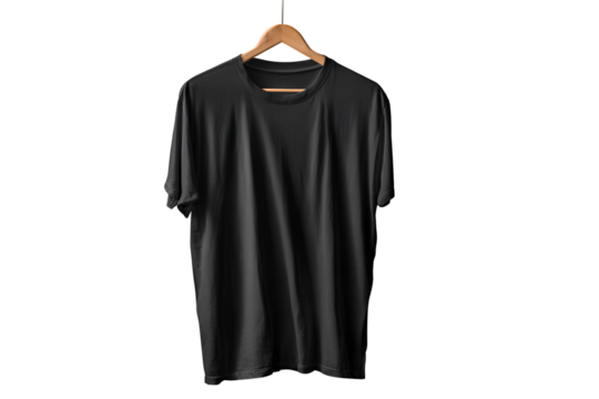Wrinkled Black T Shirt Mockup on Wooden Hanger, Hanging Against Minimal Neutral Isolated transparent Background PNG