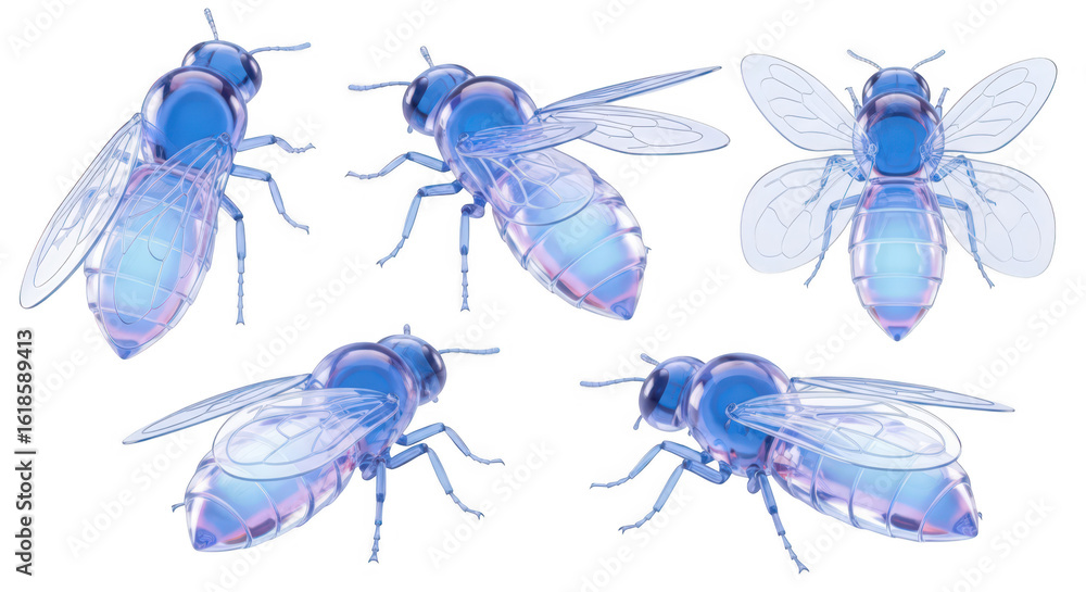 Poster transparent blue insect in various poses on a white background showing its structure for science edu