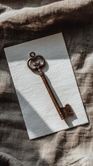 Vintage Key Lying on Textured Fabric with Dramatic Shadow and Natural Light