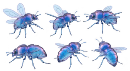 Six digitally rendered translucent blue insect illustrations in different flight poses on a solid white backdrop ideal for educational or decorative purposes