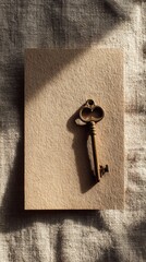 Vintage Bronze Key on Cardboard with Soft Natural Light and Shadow Play for Minimalist Aesthetic Composition