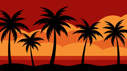 Admire the silhouette of a row of palm trees on a sea beach against a stunning sunset