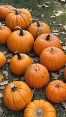 Autumn Garden with Large Pumpkins on Grass and Yellow Leaves