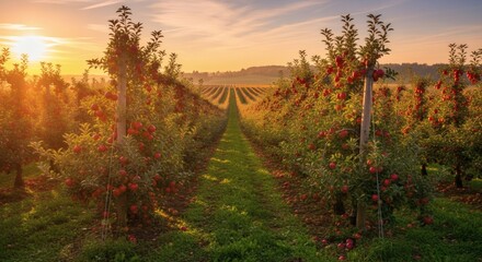 Fototapeta premium Rows of apple trees laden with red fruit stretch into the distance under a warm, golden sunset sky.
