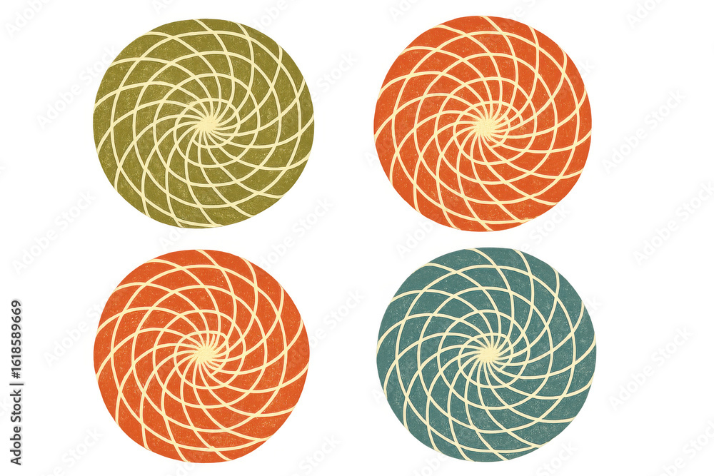 Poster four colorful spiral designs on a transparent background creating a hypnotic and mesmerizing visual 