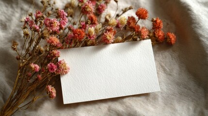 Blank Card Surrounded by Delicate Dried Flowers on Soft Textile Background Perfect for Creative Designs