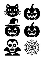 Fototapeta premium Spooky Symbol Set – Halloween Silhouettes with Cats Pumpkins Skulls & Webs