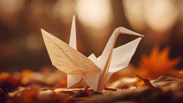 Origami crane in autumn leaves