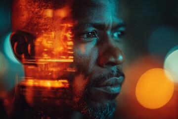 Futuristic Double Exposure Portrait of a Thoughtful Man with Neon Cityscape Reflections
