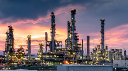 Obraz premium Oil refinery at dusk with glowing lights, complex piping, and tall towers against a colorful sky. Concept:Energy production, industrial infrastructure, oil and gas industry, petrochemical processing,