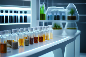 Generative AI image of laboratory glass bottles containing herbal green plant samples for alternative medicine research